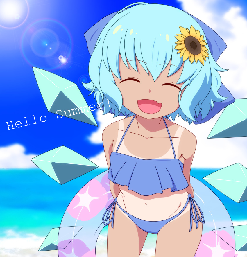:d absurdres aqua_hair arms_behind_back bangs bare_shoulders beach bikini blue_bikini blue_bow blue_sky bow cirno closed_eyes cloud cloudy_sky collarbone commentary_request cowboy_shot day english eyebrows_visible_through_hair facing_viewer fang flower groin hair_bow hair_flower hair_ornament halterneck highres ice ice_wings innertube leaning_forward lens_flare open_mouth outdoors shikabane_homura short_hair side-tie_bikini sky smile solo standing summer sun sunflower sunlight swimsuit tan tanline tanned_cirno tongue touhou wings
