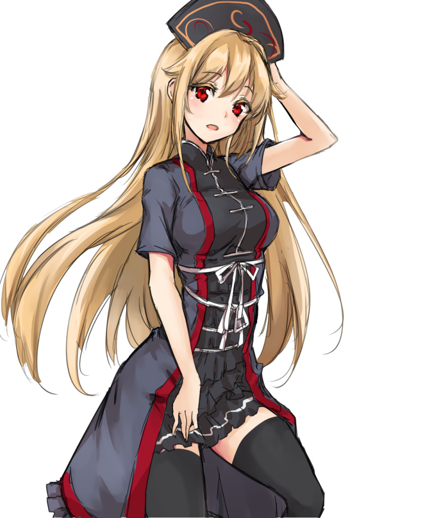 alternate_costume amagi_(amagi626) arm_up black_dress black_legwear blonde_hair blush breasts commentary_request dress eyebrows_visible_through_hair feet_out_of_frame hair_between_eyes hand_behind_head head_tilt headpiece highres junko_(touhou) large_breasts long_hair looking_at_viewer open_mouth red_eyes short_sleeves simple_background solo standing thighhighs thighs touhou very_long_hair white_background zettai_ryouiki