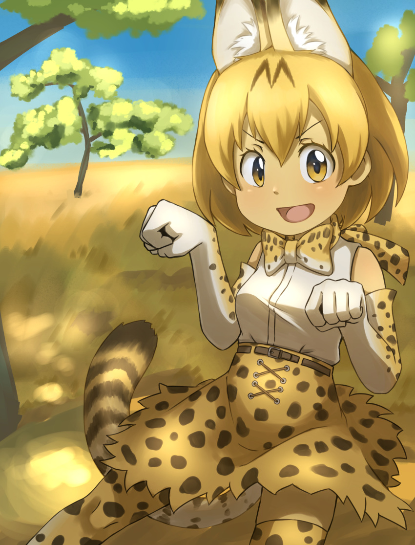 :d animal_ears bangs bare_shoulders blue_sky bob_cut bow bowtie breasts commentary_request cross-laced_clothes dappled_sunlight day elbow_gloves gloves hair_between_eyes hands_up high-waist_skirt highres kemono_friends large_breasts looking_at_viewer open_mouth orange_eyes orange_gloves orange_hair orange_legwear orange_neckwear orange_skirt outdoors parted_bangs paw_pose print_gloves print_legwear print_neckwear print_skirt savannah serval_(kemono_friends) serval_ears serval_girl serval_print serval_tail shirt short_hair skirt sky sleeveless sleeveless_shirt smile solo sunlight tail thighhighs thin_(suzuneya) tree v-shaped_eyebrows white_shirt