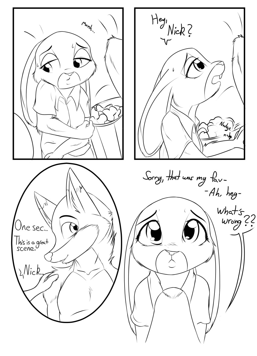2018 absurd_res anthro canine clothed clothing comic disney duo female food fox fur hi_res judy_hopps lagomorph male mammal nick_wilde popcorn puppy_eyes rabbit shadowponi smile text zootopia