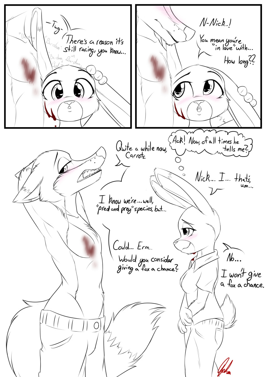 absurd_res anthro black_and_white blood blush canine clothed clothing comic dipstick_ears disney english_text female fox hi_res judy_hopps lagomorph male mammal monochrome nick_wilde rabbit shadowponi simple_background text topless white_background zootopia