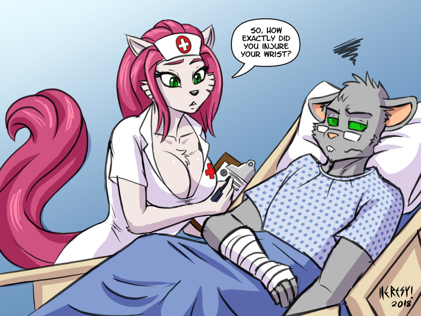 2018 anthro bandage bed bedding big_breasts blanket blue_background breasts bucky_o'hare_(series) cat cleavage clipboard clothed clothing embarrassed english_text eyewear feline female fur glasses green_eyes grey_fur hair heresy_(artist) hospital hospital_gown jenny_(bucky_o'hare) male mammal nurse nurse_uniform pink_hair rat rodent simple_background text uniform white_fur yawg_(character)