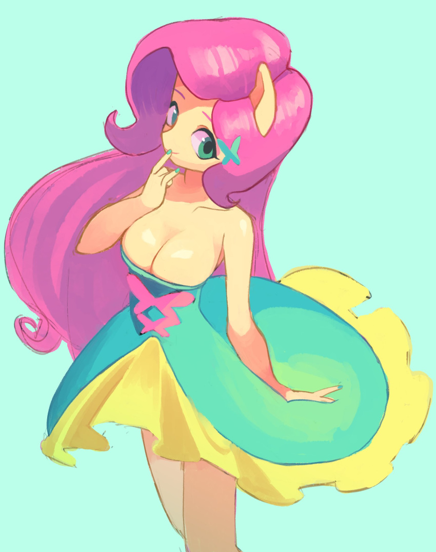 2018 animal_humanoid breasts cleavage clothed clothing colored_nails cute cyan_background devil_horns dress equestria_girls equine eyebrows eyelashes female floppy_ears fluttershy_(eg) fully_clothed green_nails hair hairclip hi_res humanoid ikirunosindo long_hair looking_at_viewer mammal my_little_pony pink_hair portrait pose simple_background smile solo standing teal_eyes three-quarter_portrait