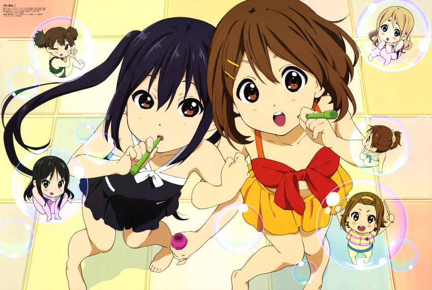 akiyama_mio barefoot bikini bikini_skirt black_bikini_bottom black_hair black_swimsuit blonde_hair blue_bikini blue_bikini_bottom blue_eyes blush blush_stickers brown_eyes brown_hair bubble_blowing collarbone crop_top diagonal-striped_swimsuit diagonal_stripes front-tie_bikini front-tie_top green_bikini green_bikini_top hair_between_eyes hair_ornament hair_ribbon hairband hairclip hands_on_own_chin highres hirasawa_ui hirasawa_yui horiguchi_yukiko in_bubble k-on! kotobuki_tsumugi light_brown_hair locked_arms long_hair looking_at_another looking_at_viewer magazine_request magazine_scan mismatched_bikini multicolored multicolored_bikini multicolored_clothes nakano_azusa official_art one-piece_swimsuit one_eye_closed open_mouth orange_bikini_bottom pigeon-toed ponytail print_shirt red_bikini_top red_eyes ribbon round_teeth scan seiza shirt short_hair short_twintails sitting smile star star_print striped striped_shirt striped_swimsuit suzuki_jun swimsuit tainaka_ritsu teeth thick_eyebrows tongue twintails v white_bikini yellow_eyes yellow_hairband yellow_ribbon