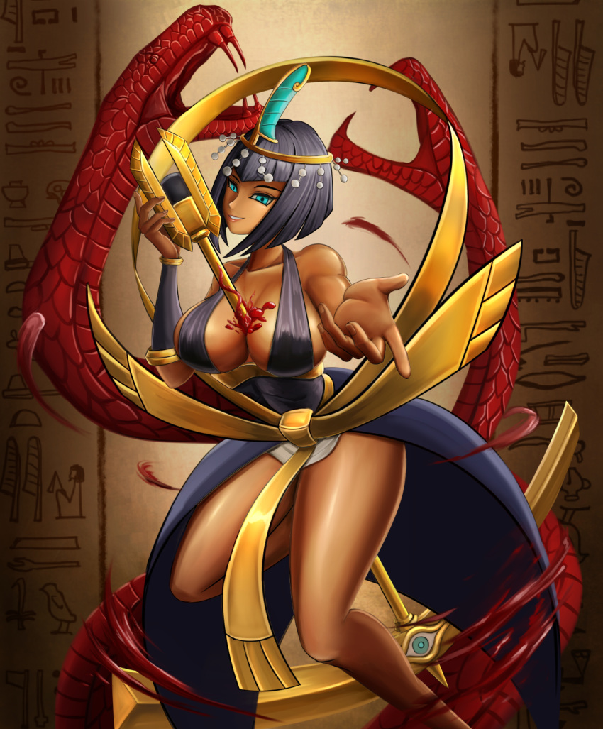 1girl ankh blood blue_eyes bobcut bracelet breasts cleavage dark_skin dress egyptian eliza_(skullgirls) fangs hieroglyphics lab_zero_games large_breasts looking_at_viewer microphone monster_girl ribbon sagging_breasts scagyoniku scythe short_hair sideboob skullgirls snake staff tiara