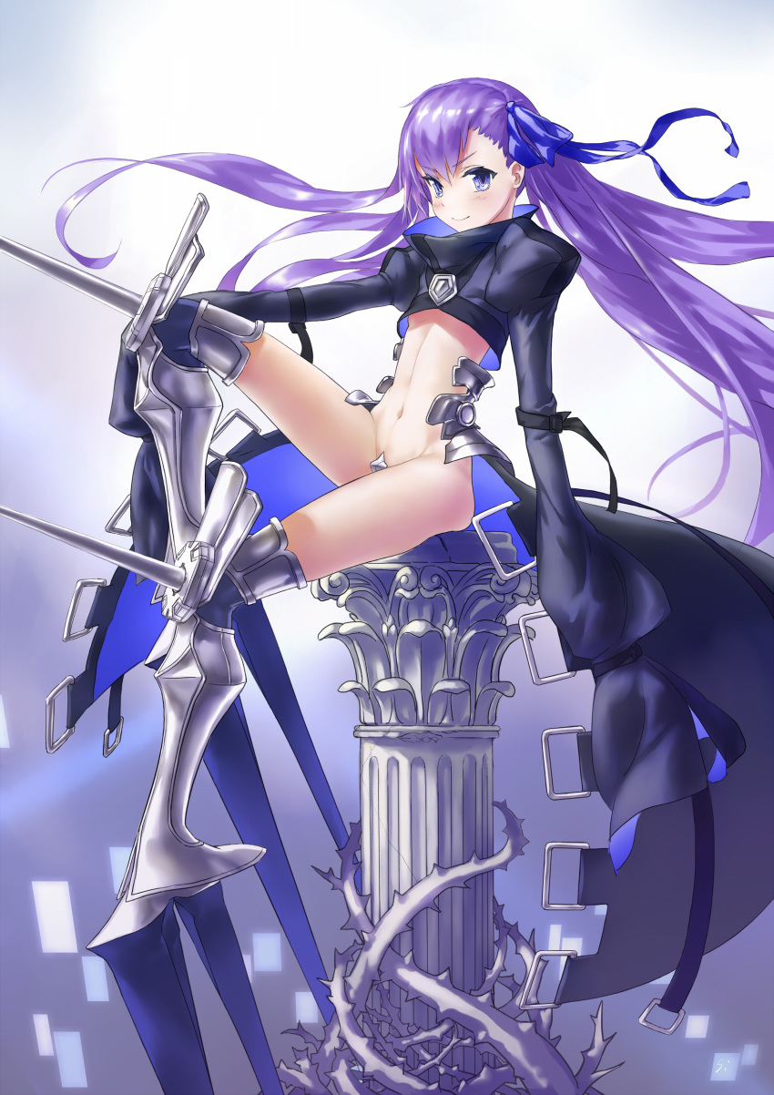 absurdres bangs blue_ribbon closed_mouth crotch_plate eyebrows_visible_through_hair fate/extra fate/extra_ccc fate_(series) floating_hair hair_between_eyes hair_ribbon highres juliet_sleeves long_hair long_sleeves meltlilith midriff navel pillar plant puffy_sleeves purple_eyes purple_hair ribbon showgirl_skirt si_(ruanmumu) sitting sleeves_past_fingers sleeves_past_wrists smile solo spikes straight_hair thorns v-shaped_eyebrows very_long_hair vines