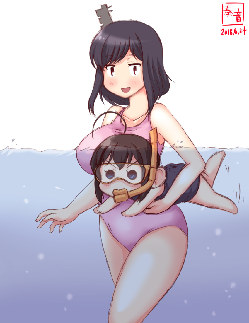 artist_logo bare_shoulders black_hair black_swimsuit blue_eyes breasts casual_one-piece_swimsuit dated diving_mask hair_flaps hair_ornament hair_over_shoulder headgear highres kanon_(kurogane_knights) kantai_collection large_breasts multiple_girls one-piece_swimsuit pink_swimsuit red_eyes school_swimsuit shigure_(kantai_collection) short_hair swimsuit yamashiro_(kantai_collection)