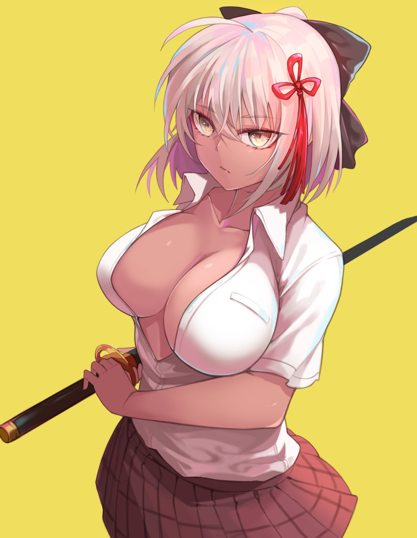 absurdres ahoge bangs black_bow bow breast_pocket breasts brown_skirt cleavage closed_mouth collarbone collared_shirt commentary dark_skin dress_shirt english_commentary eyebrows_visible_through_hair eyeliner fate/grand_order fate_(series) hair_between_eyes hair_bow hair_ornament half_updo highres holding holding_sword holding_weapon huyou_(awegk) large_breasts looking_at_viewer makeup okita_souji_(alter)_(fate) okita_souji_(fate)_(all) partially_unbuttoned pink_hair plaid plaid_skirt pocket shirt short_hair short_sleeves simple_background skirt slit_pupils solo standing sword tsurime weapon wing_collar yellow_background yellow_eyes