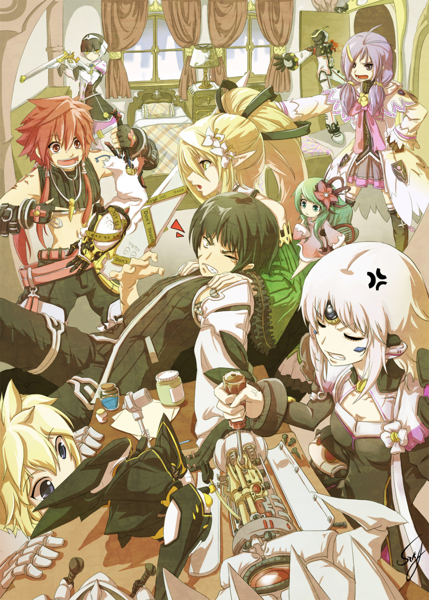 4girls :d :o aisha_(elsword) anger_vein antenna_hair bangs bare_shoulders bed black_gloves black_hair black_legwear black_pants black_shirt blade_master_(elsword) blonde_hair blue_eyes bottle chung_seiker clenched_teeth closed_eyes code:_nemesis_(elsword) crop_top curtains detached_sleeves disembodied_limb drawer dress drone elemental_master_(elsword) elf elsword elsword_(character) eve_(elsword) facial_mark fairy fingerless_gloves flask flower forehead_jewel frills gauntlets gloves green_hair gun hair_flower hair_ornament hair_over_shoulder hairclip hand_on_hip hands_on_another's_shoulders highres holding holding_gun holding_weapon indoors lamp long_hair long_sleeves low_twintails lying mechanical_arm miniskirt moby_(elsword) multiple_boys multiple_girls oberon_(elsword) one_eye_closed open_mouth ophelia_(elsword) outstretched_arm pants paper pillow pleated_skirt pointing pointy_ears ponytail profile raven_(elsword) red_eyes red_hair rena_(elsword) robe robot rune_slayer_(elsword) screwdriver servati shirt short_hair shotgun sidelocks signature sitting skirt smile standing striped striped_shirt table teeth thighhighs twintails vertical_stripes weapon white_hair wide_sleeves wind_sneaker_(elsword) window wire yellow_eyes zettai_ryouiki