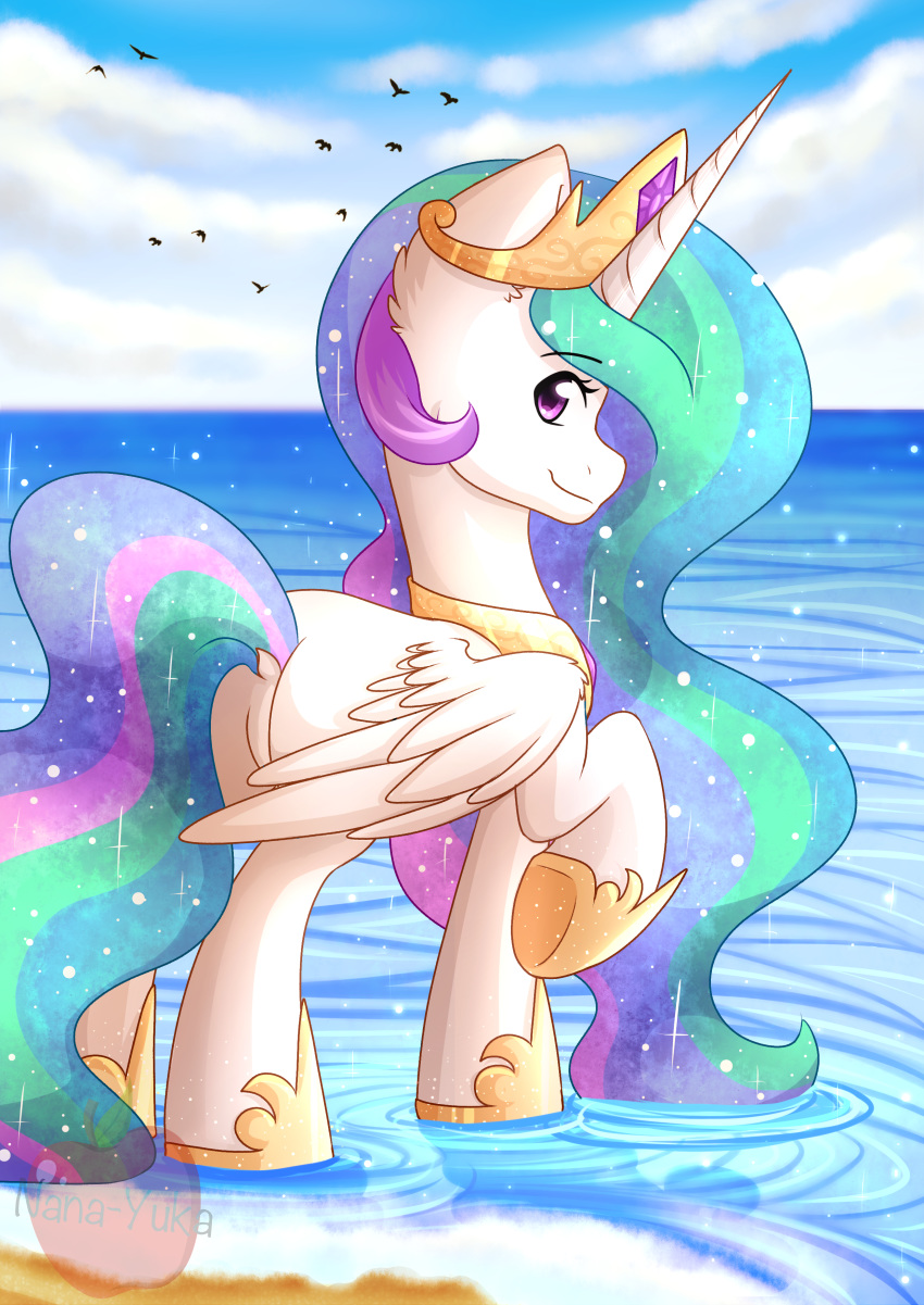 2018 absurd_res avian beach bird butt cloud crown cute dock equine eyebrows eyelashes feathered_wings feathers female feral friendship_is_magic hair hi_res hooves horn long_hair looking_at_viewer looking_back mammal multicolored_hair my_little_pony nana-yuka nude outside portrait princess_celestia_(mlp) purple_eyes rainbow_hair raised_leg royalty seaside sky smile solo standing water watermark white_feathers winged_unicorn wings