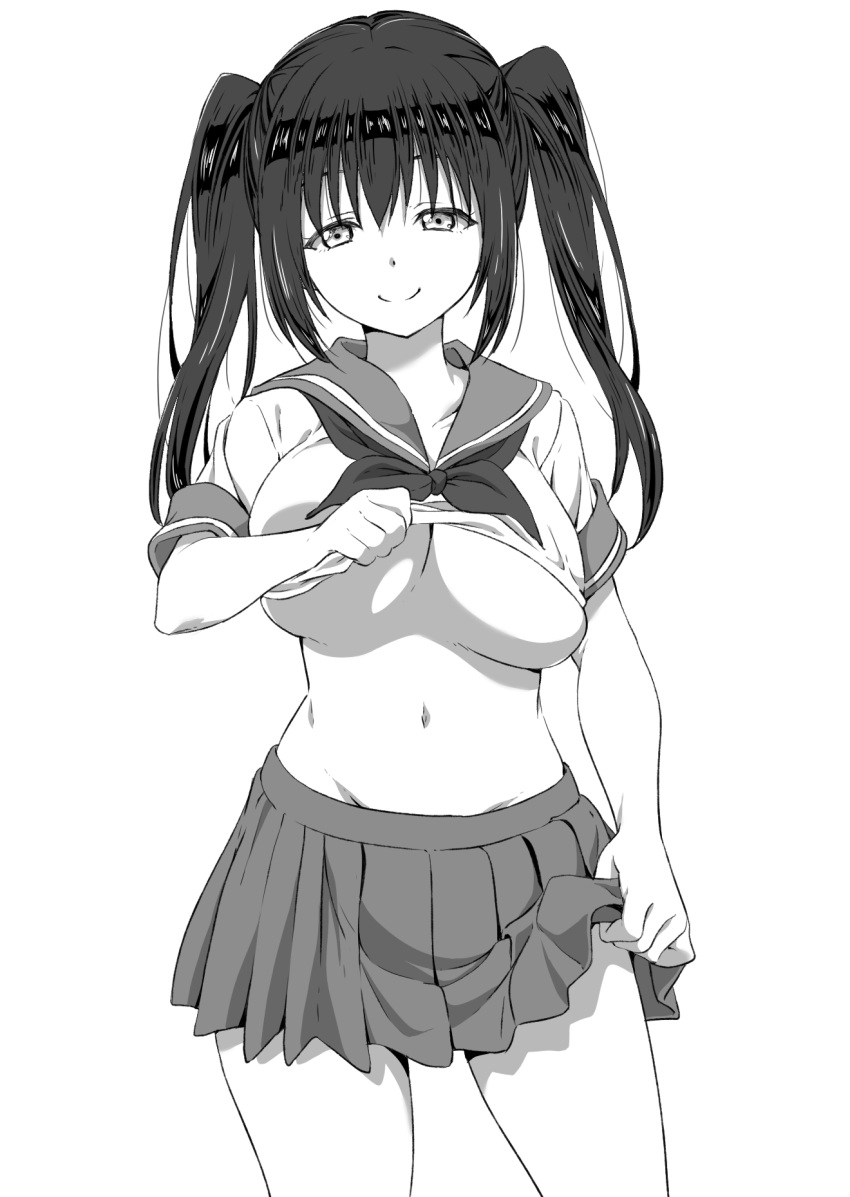 bangs breasts contrapposto cowboy_shot greyscale highres large_breasts lifted_by_self long_hair looking_at_viewer miniskirt monochrome navel neckerchief no_bra original pleated_skirt school_uniform serafuku shirt_lift skirt skirt_lift smile solo standing tonkotu102 twintails underboob