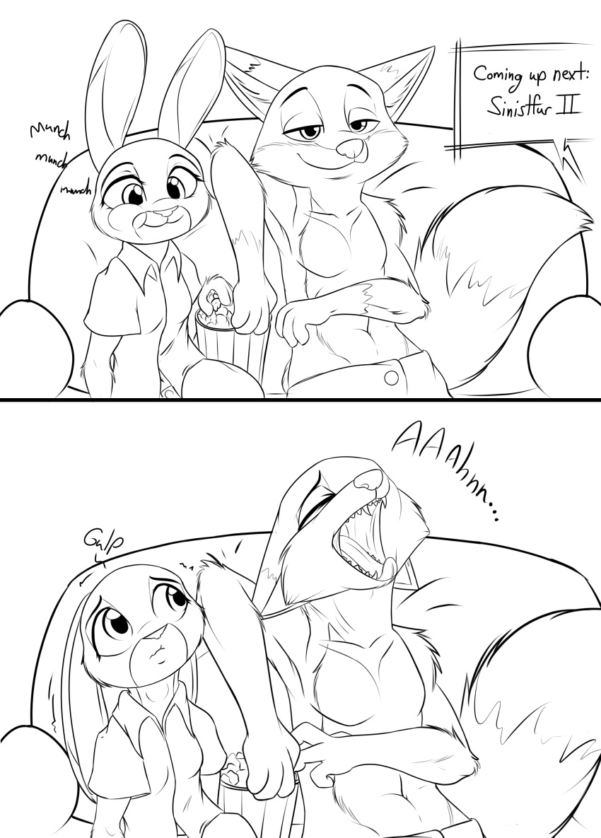 2018 absurd_res anthro canine clothed clothing comic disney duo eating female food fox fur hi_res judy_hopps lagomorph male mammal nick_wilde open_mouth popcorn rabbit shadowponi sharp_teeth smile teeth topless yawn zootopia