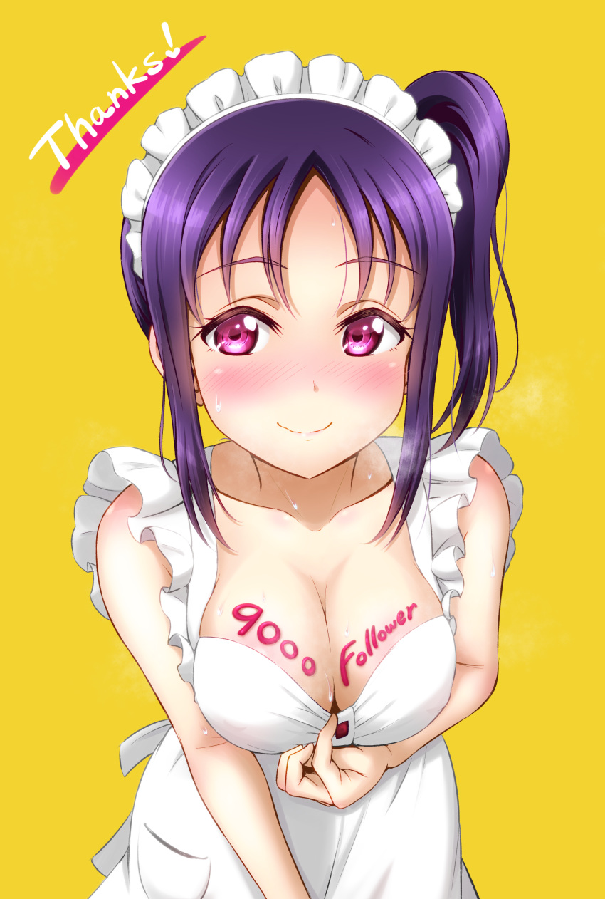 absurdres apron bangs blonde_hair blue_hair blush body_writing breasts ckst cleavage collar_tug collarbone eyebrows_visible_through_hair followers heavy_breathing highres kazuno_sarah large_breasts looking_at_viewer love_live! love_live!_sunshine!! maid_apron maid_headdress naked_apron nose_blush purple_eyes side_ponytail sidelocks simple_background smile solo sweat thank_you upper_body white_apron
