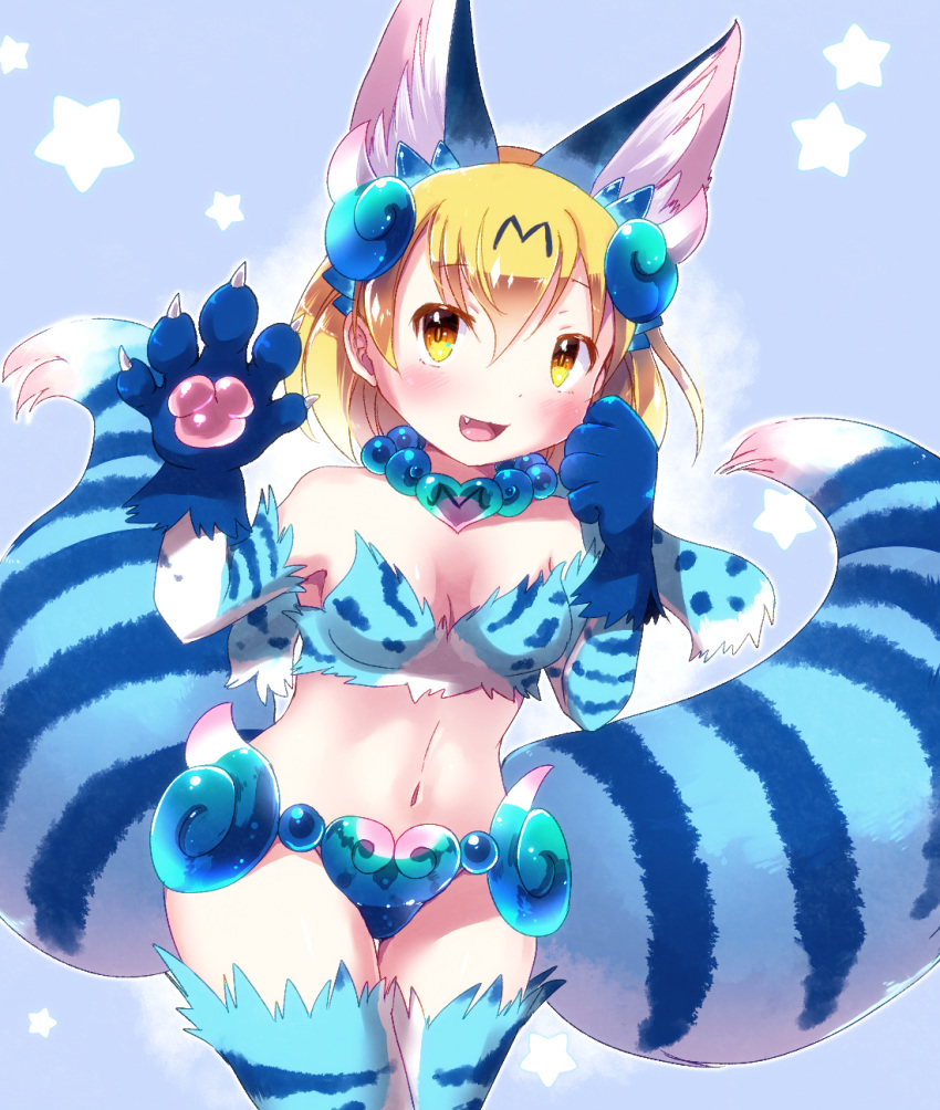 :3 :d animal_ears armpits bangs bare_shoulders beads blonde_hair blue_background blue_hair blush bob_cut breasts claws cleavage commentary cowboy_shot dot_nose elbow_gloves eyebrows_visible_through_hair fang gloves gradient_hair hair_between_eyes hands_up highres kemono_friends kemoribon looking_at_viewer medium_breasts midriff multicolored_hair multiple_tails navel open_mouth parted_bangs paw_gloves paw_pose paws prayer_beads raised_eyebrows serval_(kemono_friends) shiserval_right short_hair simple_background slit_pupils smile solo standing star starry_background tail thigh_gap thighhighs two-tone_hair two_tails wide_hips yellow_eyes