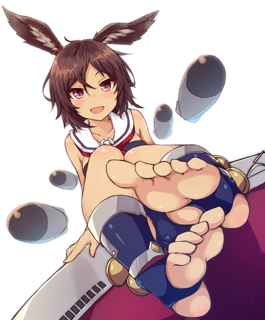 :d animal_ears azur_lane barefoot blush brown_eyes brown_hair bunny_ears commentary_request detached_collar dot_nose dutch_angle feet half-closed_eyes highres i-26_(azur_lane) legs legs_up looking_at_viewer neckerchief no_shoes one-piece_swimsuit open_mouth pov_feet red_neckwear sailor_collar school_swimsuit shinopoko shiny shiny_hair short_hair simple_background sitting smile soles solo stirrup_legwear swimsuit tan toeless_legwear toes torpedo tsurime white_background white_sailor_collar