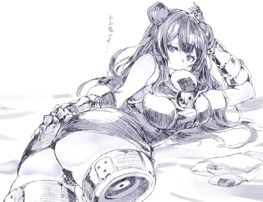 amputee ass breasts commentary double_amputee double_bun dress food_in_mouth hand_on_own_ass hand_on_own_head kantai_collection large_breasts light_cruiser_oni looking_at_viewer mechanical_arms mouth_hold panties senbei shinkaisei-kan short_dress solo sumisu_(mondo) thong translation_request underwear