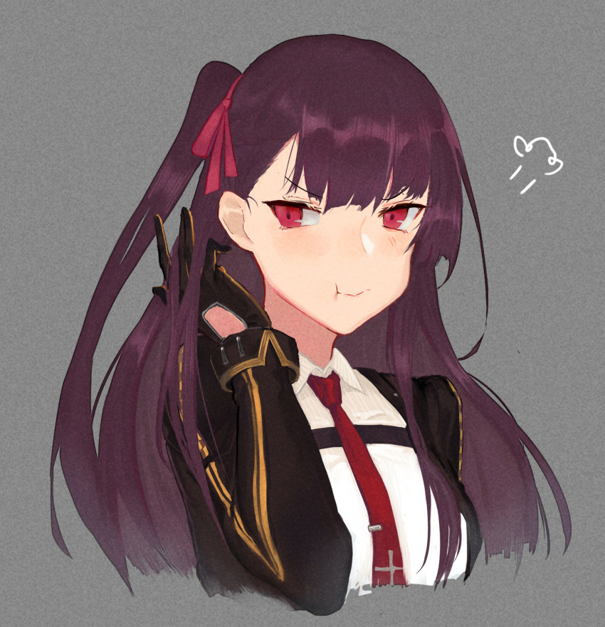 :t =3 bangs blazer blush breasts chinese_commentary collared_shirt commentary_request cropped_torso eyebrows_visible_through_hair girls_frontline gloves hair_ribbon half_updo hand_in_hair highres jacket large_breasts long_hair long_sleeves looking_at_viewer necktie oka_ball one_side_up pout purple_hair red_eyes red_neckwear ribbon shirt sidelocks simple_background solo striped striped_shirt tsundere tsurime very_long_hair wa2000_(girls_frontline) wavy_mouth white_shirt