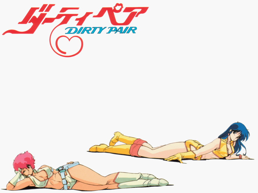 80s arm_support blue_hair breasts cleavage dirty_pair full_body gloves gun hand_on_hip hand_to_head highres holstered_weapon kei_(dirty_pair) long_hair looking_at_viewer lying multiple_girls navel official_art oldschool on_side on_stomach one_eye_closed red_hair short_hair simple_background takachiho_haruka watermark weapon white_background white_footwear white_gloves yellow_footwear yellow_gloves yuri_(dirty_pair)