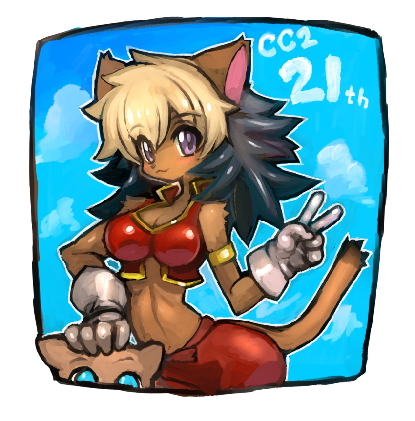 :3 alicia_priss animal_ears armlet bangs bare_arms bare_shoulders black_hair blonde_hair blush border breasts brown_fur cat_ears cat_girl cat_tail cleavage closed_mouth cloud commentary_request dakusuta dark_skin eyebrows_visible_through_hair frame furry gloves hand_on_another's_head highres long_hair looking_at_viewer midriff multicolored_hair navel out_of_frame sky smile solo_focus tail tail_concerto two-tone_hair v