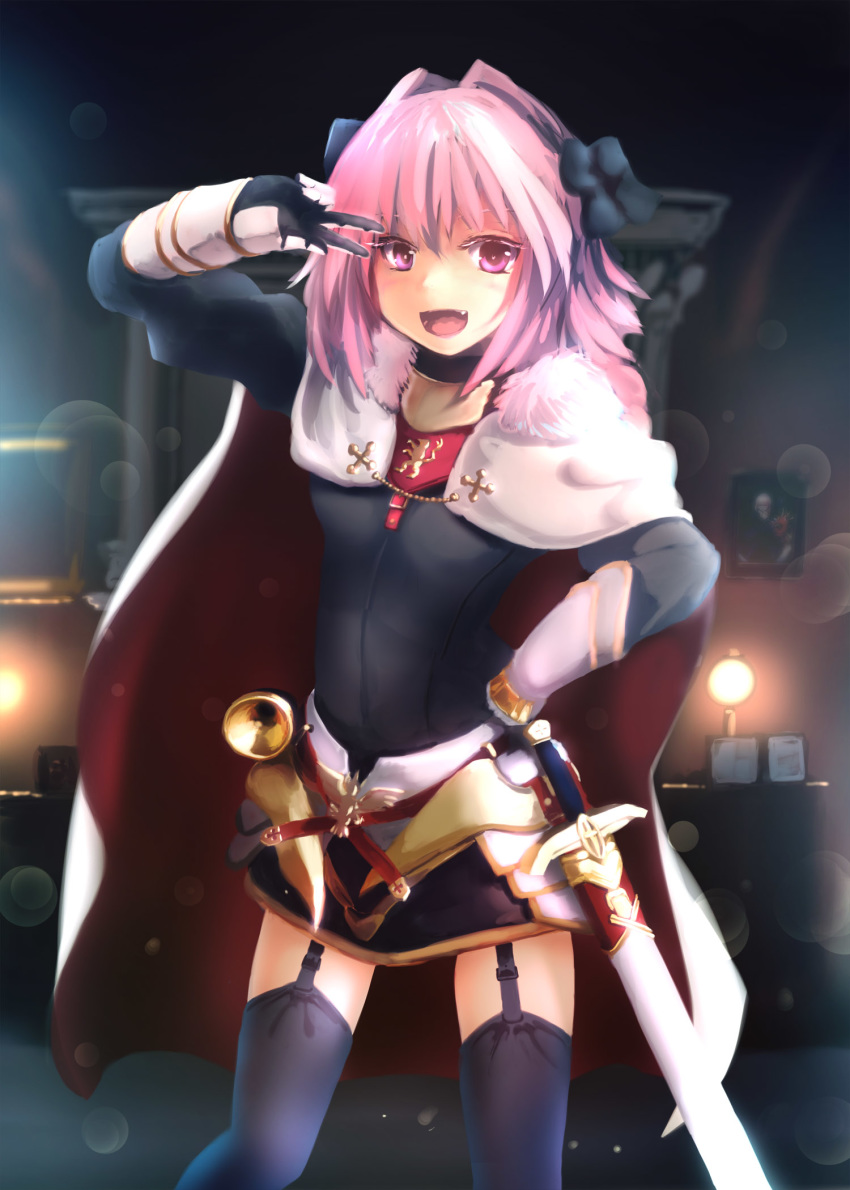 armor astolfo_(fate) belt black_dress black_legwear black_ribbon blurry blurry_background braid cape commentary_request cowboy_shot depth_of_field dress fang fate/apocrypha fate_(series) garter_straps gauntlets gloves hair_intakes hair_ribbon hand_on_hip highres indoors lens_flare long_braid long_hair long_sleeves looking_at_viewer male_focus open_mouth otoko_no_ko purple_eyes ribbon salute short_dress single_braid smile solo standing sword thighhighs tsubasa_(abchipika) v weapon white_cape white_gloves