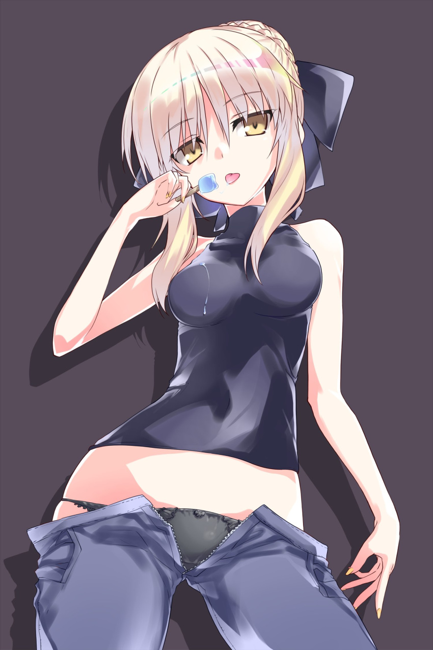 :p alternate_costume artoria_pendragon_(all) bangs black_background black_bow black_panties black_shirt blonde_hair blue_pants bow bow_panties braid breasts closed_mouth commentary cowboy_shot dripping eyebrows_visible_through_hair fate/stay_night fate_(series) food french_braid hair_bow hair_bun head_tilt highres holding holding_food lace lace-trimmed_panties looking_at_viewer medium_breasts midriff nail_polish open_pants orange_nails panties pants pants_pull popsicle saber_alter shadow shirt short_hair simple_background sleeveless sleeveless_shirt solo standing take_shinobu tongue tongue_out turtleneck underwear unzipped yellow_eyes