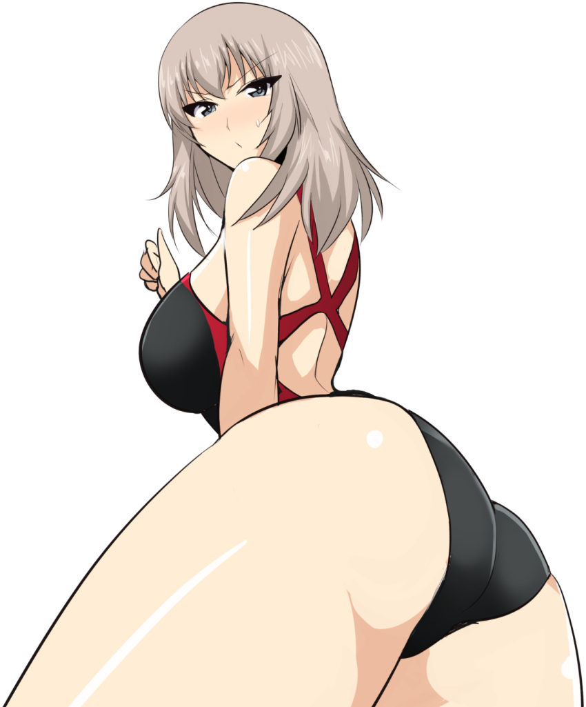 annoyed ass bangs black_swimsuit blue_eyes blush breasts clenched_hand closed_mouth competition_swimsuit eyebrows_visible_through_hair frown girls_und_panzer highres itsumi_erika koujun_(mugenzero) long_hair looking_at_viewer looking_back medium_breasts one-piece_swimsuit sideboob silver_hair simple_background solo standing sweatdrop swimsuit white_background