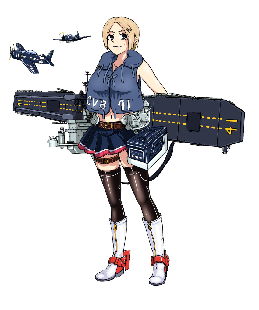 a-1_skyraider absurdres aircraft belt black_legwear blonde_hair blue_eyes boots breasts commentary english_commentary f8f_bearcat flight_deck freckles full_body groin highres knee_boots large_breasts life_vest midriff navel original rigging short_hair skindentation skirt smirk solo stacking_mann thigh_strap thighhighs transparent_background uss_midway_(cv-41) white_footwear