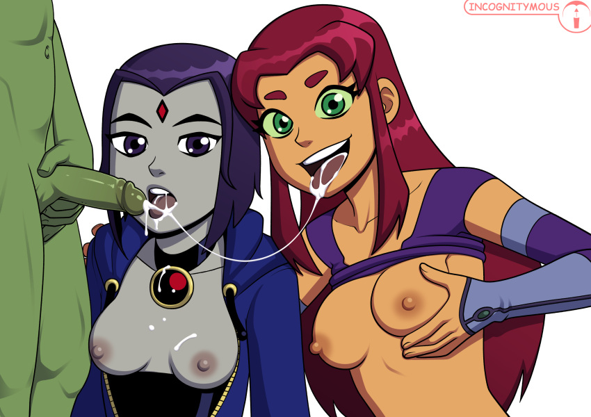 1boy 2girls areolae artist_name beast_boy blue_hair breasts clothed_female_nude_male cum cum_in_mouth cum_on_breasts dc_comics forehead_jewel green_eyes green_skin grey_skin incognitymous looking_at_viewer multiple_girls navel nipples open_jacket open_mouth penis raven_(dc) shirt_lift starfire teen_titans tongue tongue_out
