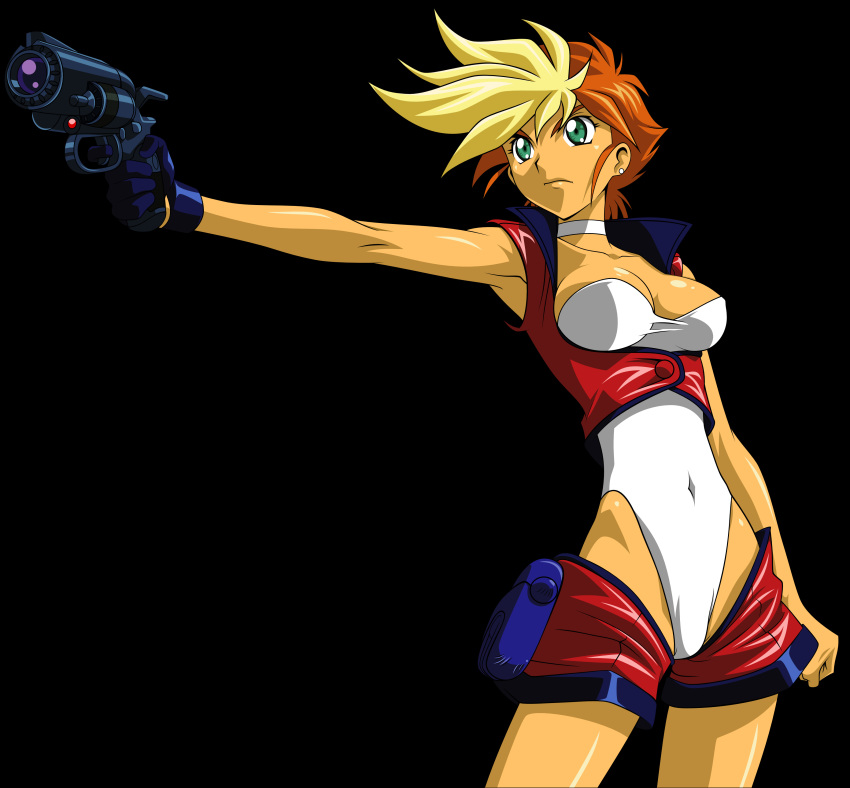 absurdres arms_behind_back black_gloves blonde_hair breasts choker cleavage dark_skin dirty_pair dirty_pair_flash earrings gloves green_eyes groin gun highleg highleg_leotard highres holster horiuchi_osamu jewelry kei_(dirty_pair) large_breasts leotard multicolored_hair red_hair short_hair sleeveless two-tone_hair vector_trace weapon white_leotard