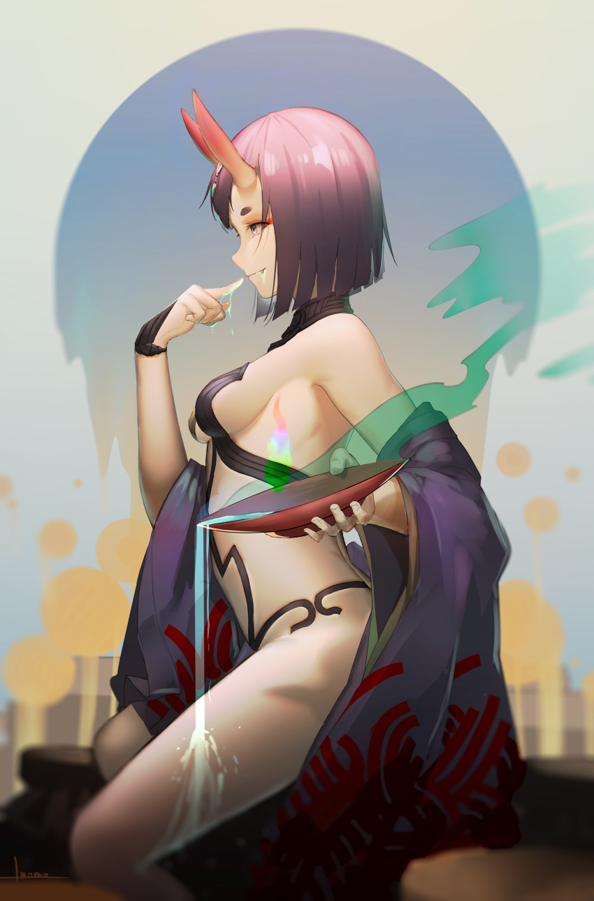 absurdres alcohol artist_name bare_shoulders bob_cut breasts closed_mouth cup eyebrows fang fate/grand_order fate_(series) finger_to_mouth highres horns japanese_clothes luomo medium_breasts oni oni_horns pink_eyes profile purple_hair red_horns sakazuki sake short_hair shuten_douji_(fate/grand_order) sitting smile solo