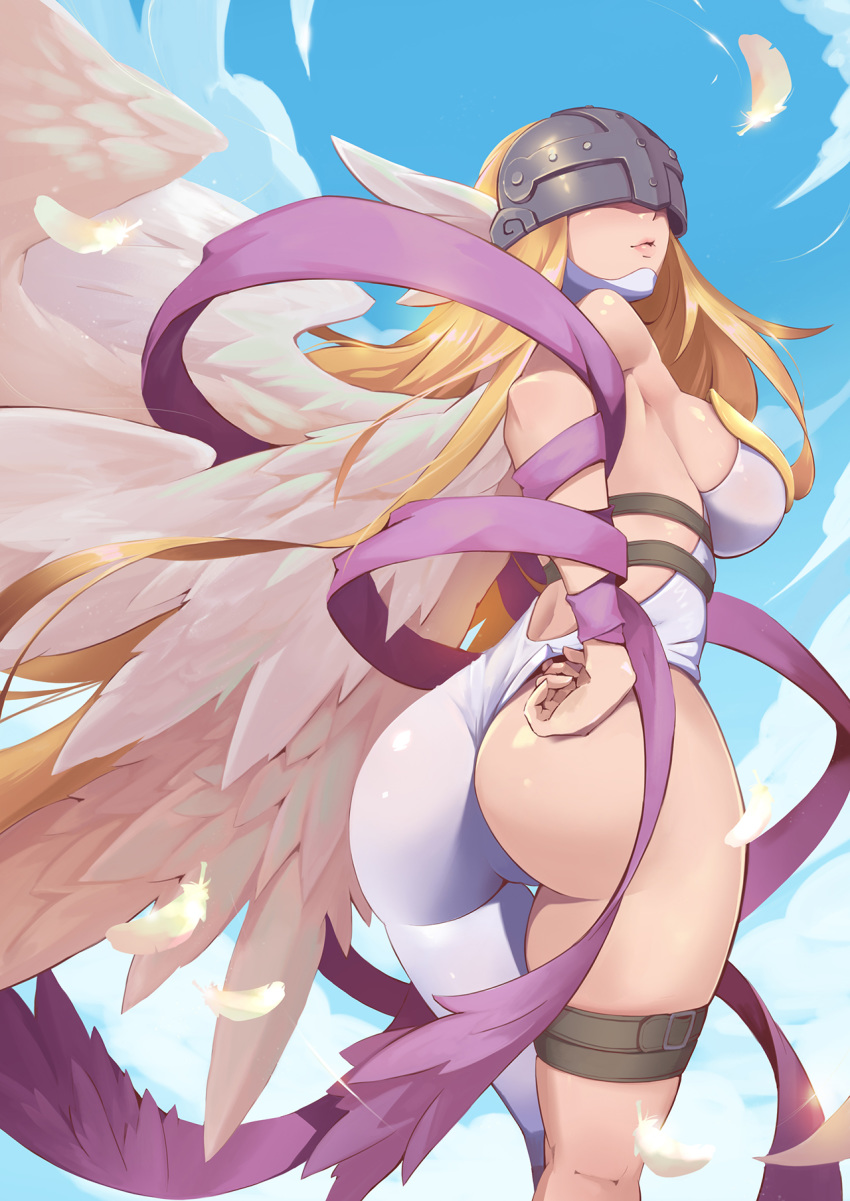 adjusting_clothes angel_wings angewomon arm_behind_back ass asymmetrical_clothes back backless_outfit bare_shoulders belt blonde_hair blue_sky bodysuit breasts closed_mouth commentary cowboy_shot crow_aberdeen day digimon digimon_adventure digimon_adventure_tri. feathered_wings feathers from_behind head_wings helmet highres kneepits large_breasts lips lipstick long_hair looking_back makeup multiple_wings outdoors pink_lips shawl sideboob skin_tight skindentation sky solo standing thigh_gap thigh_strap twisted_torso very_long_hair wedgie wings