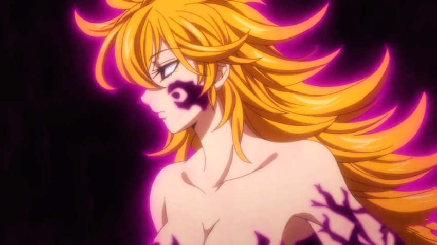 1girl abs breasts cleavage derieri long_hair medium_breasts muscles muscular_female nanatsu_no_taizai no_clothes orange_hair partially_nude solo spiky_hair