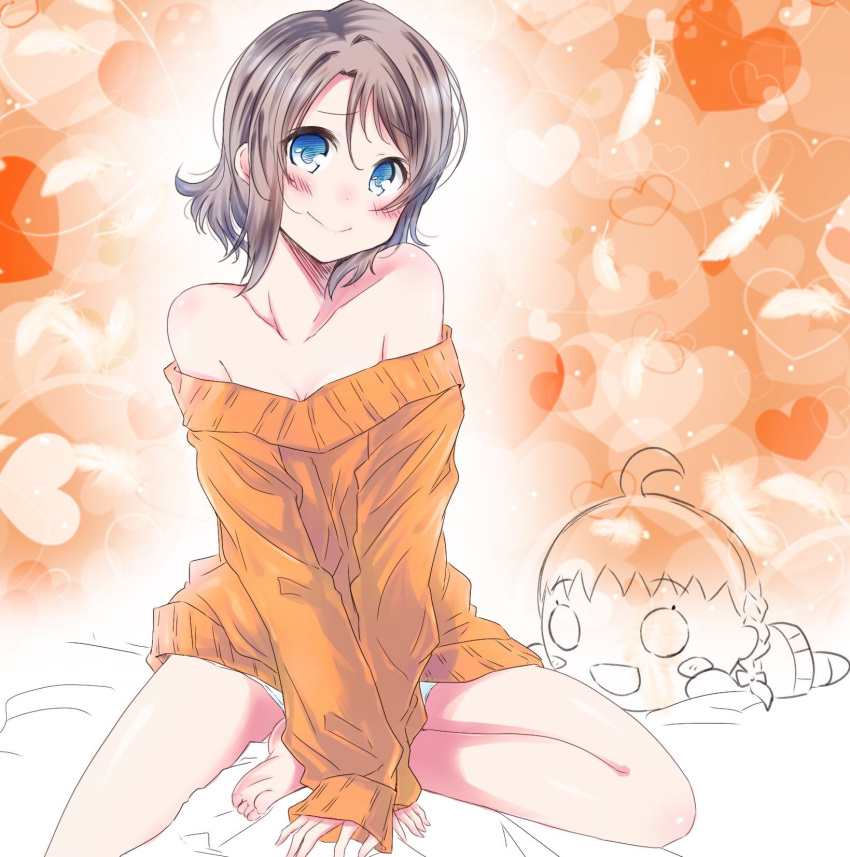 barefoot bed_sheet blue_eyes blush breasts brown_hair cleavage collarbone eyebrows_visible_through_hair hair_between_eyes head_tilt heart highres looking_at_viewer love_live! love_live!_sunshine!! nearly_naked_sweater nesoberi no_pants orange_sweater panties short_hair sitting small_breasts smile solo sweater underwear watanabe_you white_feathers zero-theme