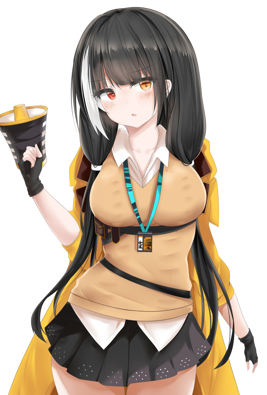 absurdres black_hair breasts chinese_commentary coat commentary_request fingerless_gloves girls_frontline gloves highlights highres id_card large_breasts megaphone multicolored_hair open_clothes open_coat ro635_(girls_frontline) ru_zhai skirt solo yellow_eyes