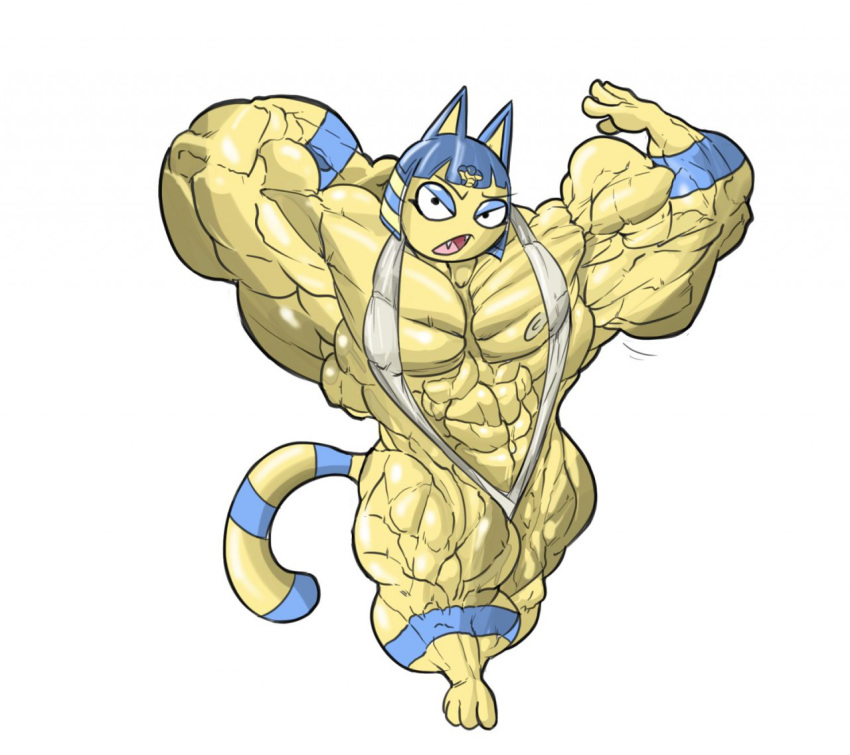 2016 abs animal_crossing ankha anthro biceps blue_hair cat clothed clothing digital_media_(artwork) egyptian fangs feline female fur growth hair hyper hyper_muscles mammal muscle_growth muscular muscular_female navel nintendo nipples pecs simple_background solo standing video_games yellow_fur zarufuu