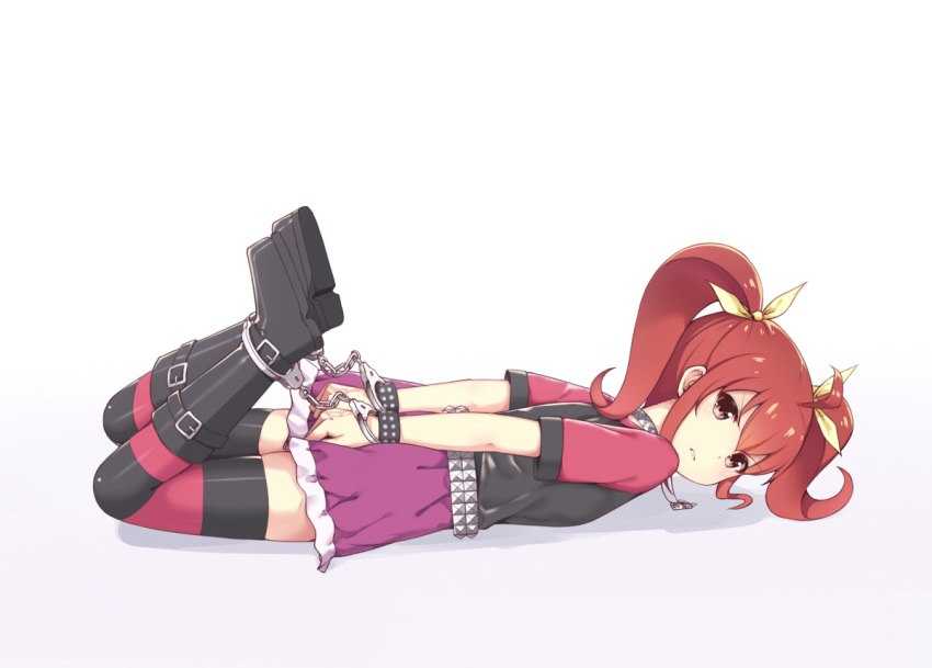 agano_(yoshii_aki) ankle_cuffs arms_behind_back bdsm belt_boots black_footwear bondage boots bound commentary commission cuffs english_commentary full_body hair_ribbon handcuffs hogtie kurusu_kanako looking_at_viewer lying on_stomach ore_no_imouto_ga_konna_ni_kawaii_wake_ga_nai purple_skirt red_eyes ribbon shirt short_sleeves sidelocks skirt solo striped striped_legwear t-shirt thighhighs twintails white_background yellow_ribbon zettai_ryouiki