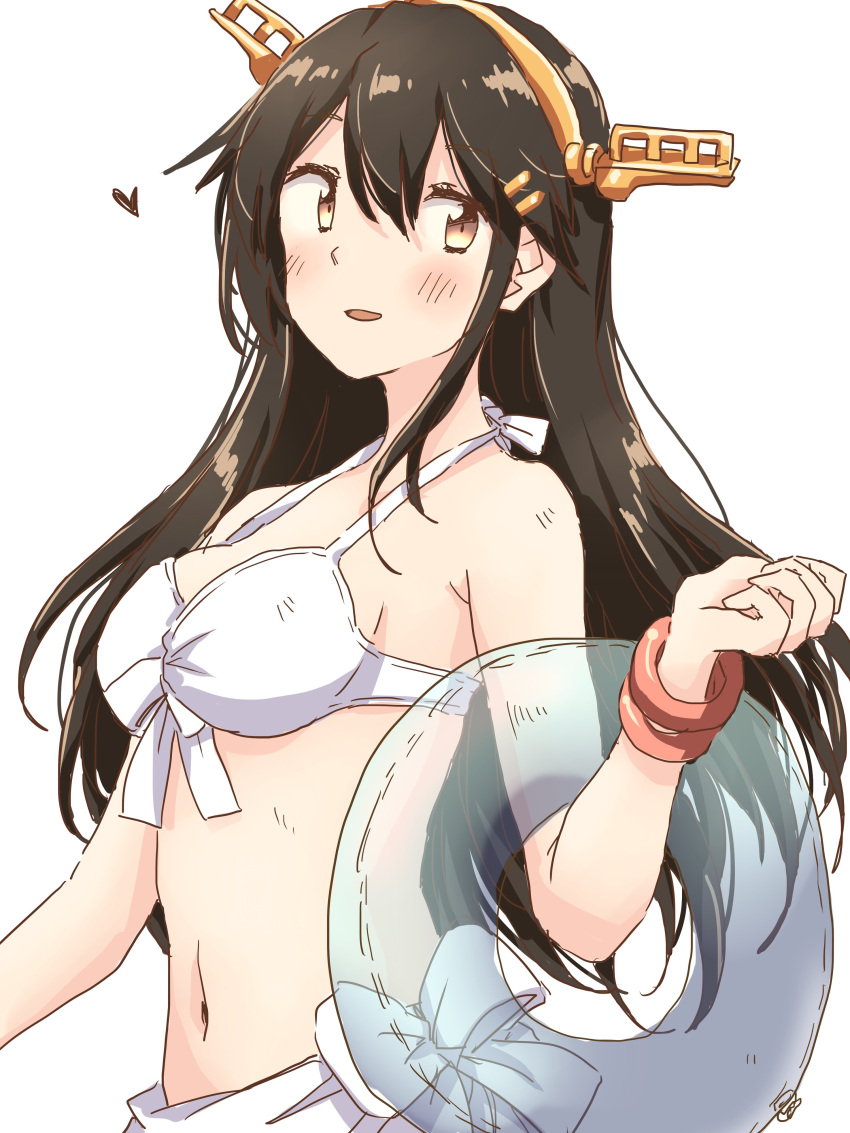 absurdres any_(lucky_denver_mint) bare_shoulders bikini black_hair bracelet brown_eyes eyebrows_visible_through_hair hair_between_eyes hair_ornament hairclip haruna_(kantai_collection) headgear heart highres jewelry kantai_collection long_hair looking_at_viewer navel remodel_(kantai_collection) signature simple_background smile solo swimsuit white_background white_bikini_top
