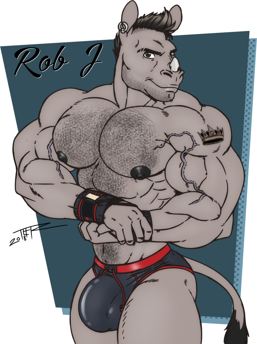 abs anthro body_hair bulge chest_hair clothing crown ear_piercing looking_at_viewer male mammal muscular muscular_male piercing rhinoceros rob_j._(character) solo speedo swimsuit tattoo teer wristband