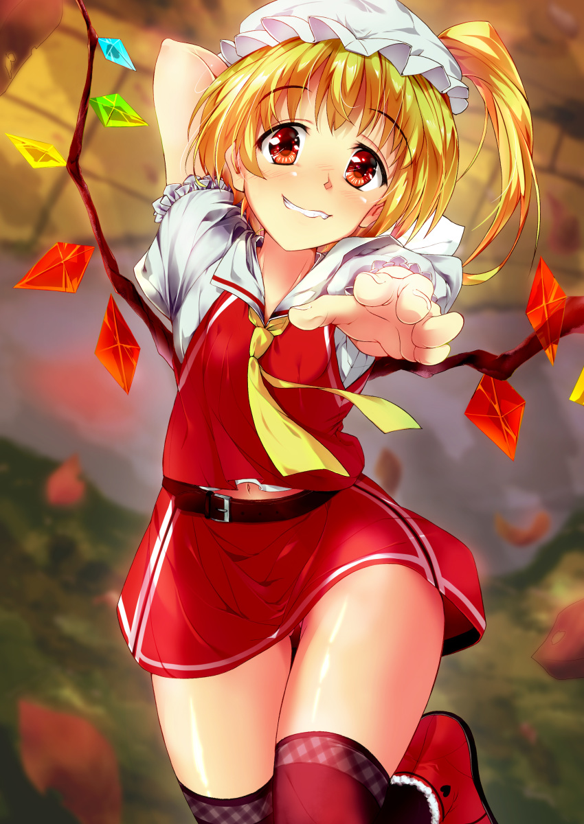 absurdres arm_behind_head arm_up ascot ass_visible_through_thighs bangs bare_arms belt blonde_hair blouse blurry blurry_background commentary_request cowboy_shot crystal eyebrows_visible_through_hair flandre_scarlet foreshortening frilled_sleeves frills fur-trimmed_footwear fur_trim grin hand_up head_tilt high_ponytail highres leg_up long_hair looking_at_viewer midriff_peek miniskirt nanase_nanami navel outstretched_arm reaching_out red_eyes red_footwear red_legwear red_skirt red_vest shoes short_sleeves side_ponytail skirt smile solo stomach thigh_gap thighhighs touhou vest wavy_mouth white_blouse wings yellow_neckwear zettai_ryouiki