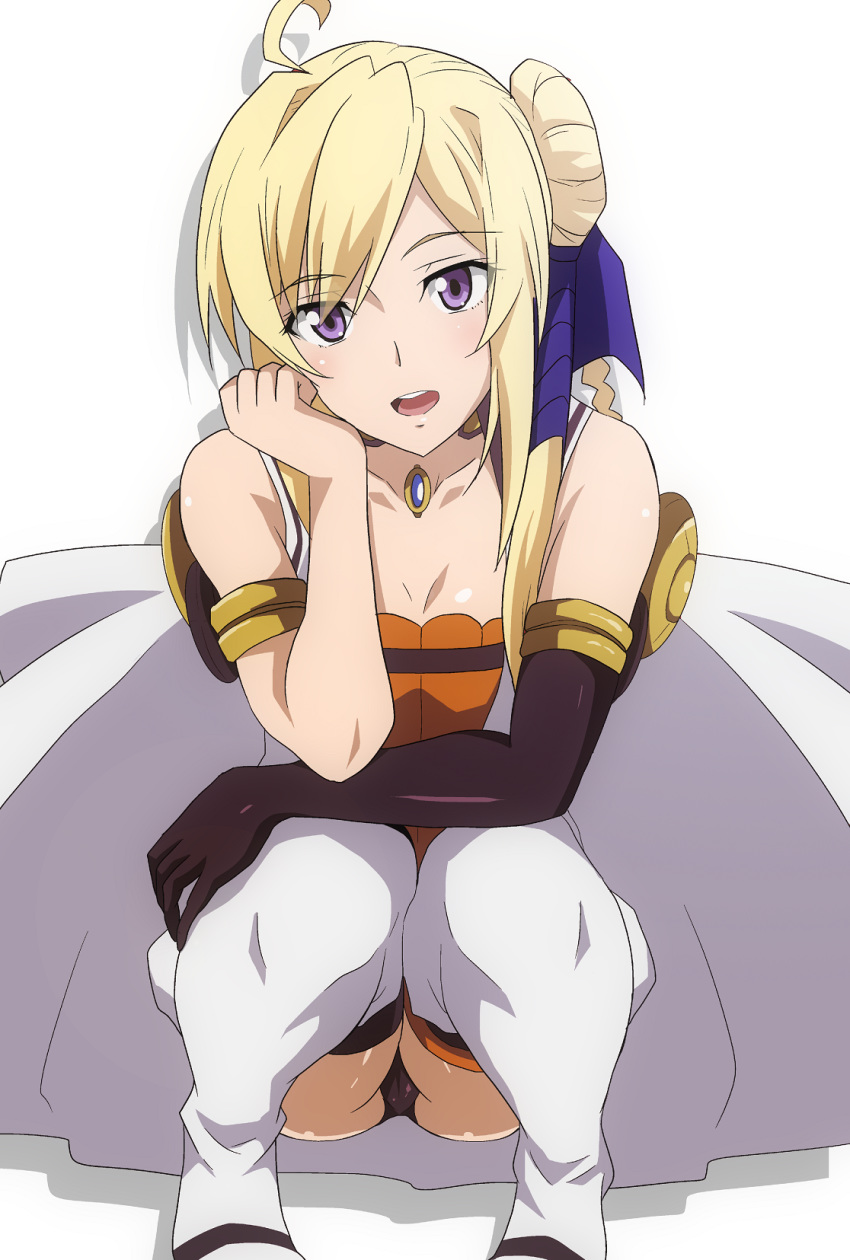 :d ahoge bare_shoulders black_gloves black_panties blonde_hair cape chin_rest elbow_gloves full_body gloves grancrest_senki hair_bun hera_(hara0742) highres long_hair looking_at_viewer open_mouth panties pantyshot pantyshot_(squatting) purple_eyes siluca_meletes simple_background single_elbow_glove smile solo squatting thighhighs underwear white_background white_cape white_legwear