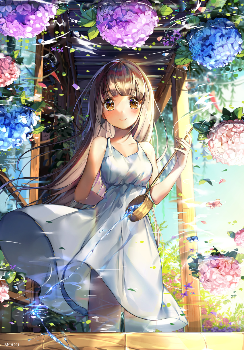 absurdres artist_name bangs blunt_bangs blush brown_eyes brown_hair day dress flower flower_on_liquid highres hishaku hydrangea long_hair looking_at_viewer onew original petals pouring reflection ripples sky smile solo standing summer sundress water white_dress