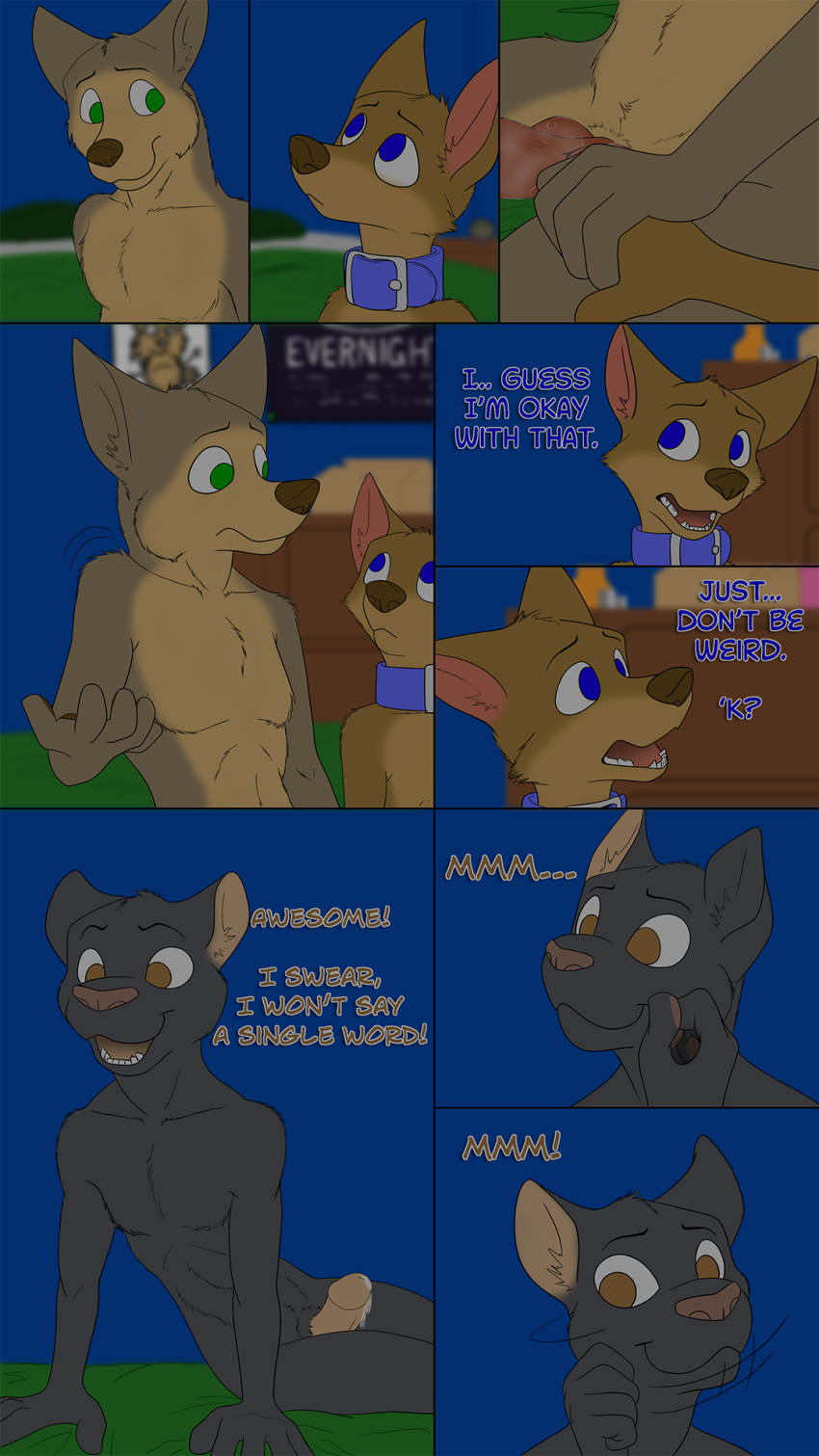 bed blue_eyes brother brown_eyes brown_fur canine collar comic cub english_text feline female fur green_eyes imminent_incest knot male mammal misterpickleman nude sibling sister taylor_knight text tristan_knight victor_mccain young