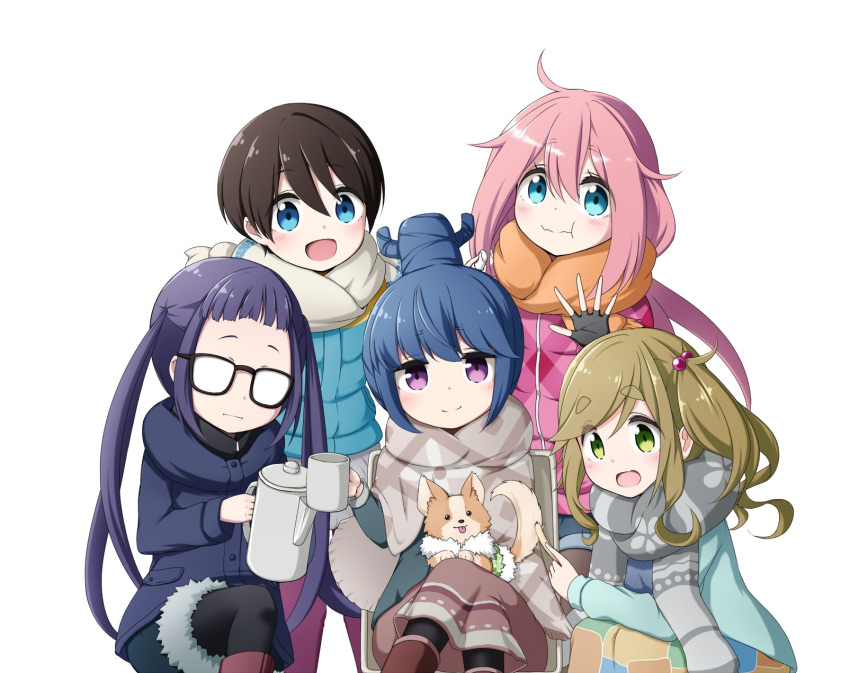 :d :i :t bangs black-framed_eyewear black_gloves black_legwear blue_coat blue_hair blunt_bangs blush brown_hair brown_skirt cactus chair chihuahua chikuwa_(yurucamp) closed_mouth crossed_legs cup dog eating eyebrows_visible_through_hair fingerless_gloves food glasses gloves green_eyes hair_between_eyes hair_bobbles hair_bun hair_ornament head_tilt highres holding holding_cup holding_food inuyama_aoi kagamihara_nadeshiko kuena long_hair long_sleeves looking_at_viewer mug multiple_girls oogaki_chiaki open_mouth orange_scarf pantyhose pink_coat pink_hair purple_coat purple_eyes purple_hair saitou_ena scarf shawl shima_rin short_hair side_ponytail simple_background sitting skirt smile squatting standing teapot thick_eyebrows tongue tongue_out twintails very_long_hair wavy_mouth white_background white_scarf yurucamp