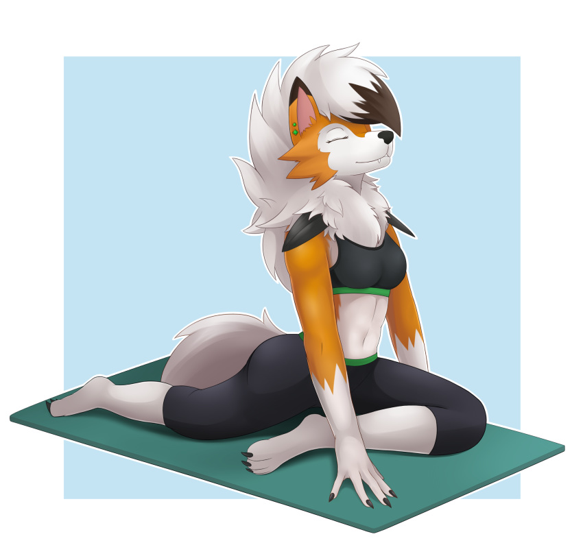 2018 anthro bra canine claws clothed clothing dusk_lycanroc female fur invalid_tag lycanroc mammal nintendo orange_fur pkuai pok&eacute;mon pok&eacute;mon_(species) simple_background smile solo sports_bra underwear video_games white_fur yoga yoga_mat