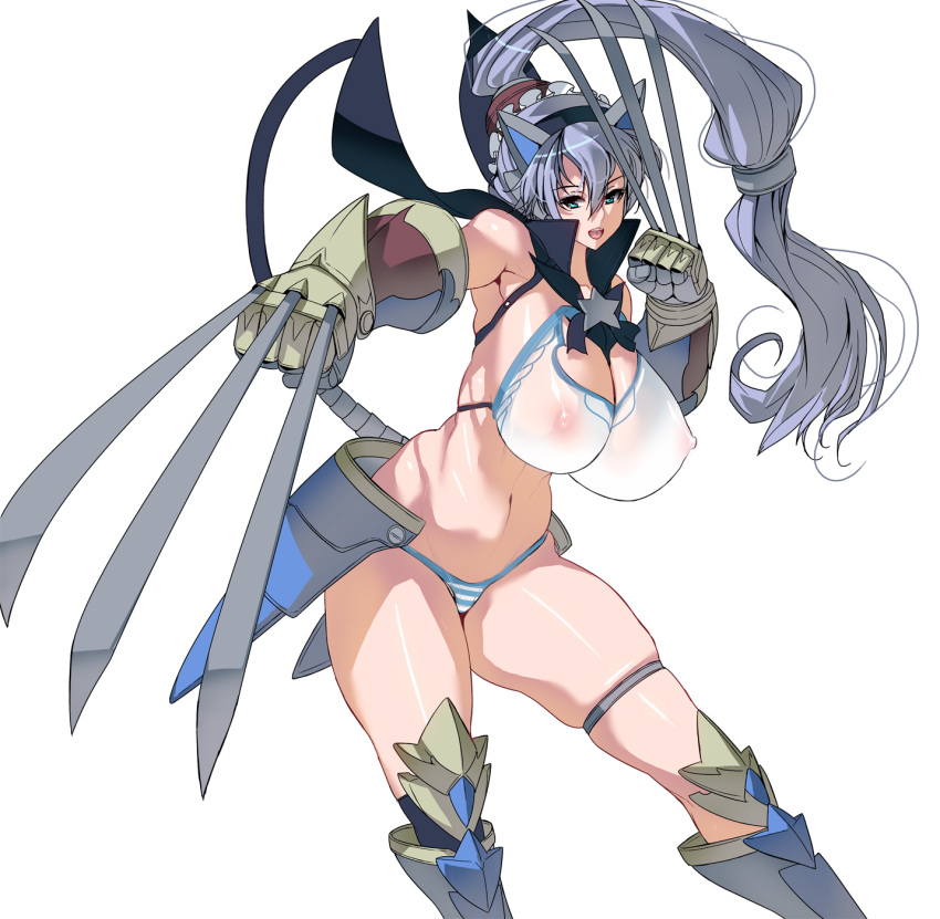 animal_ears armor blade bladed_gauntlets blue_eyes breasts cat_ears cat_tail gauntlets highres huge_breasts long_hair masao navel nipples open_mouth original ponytail purple_hair see-through smile solo tail very_long_hair weapon