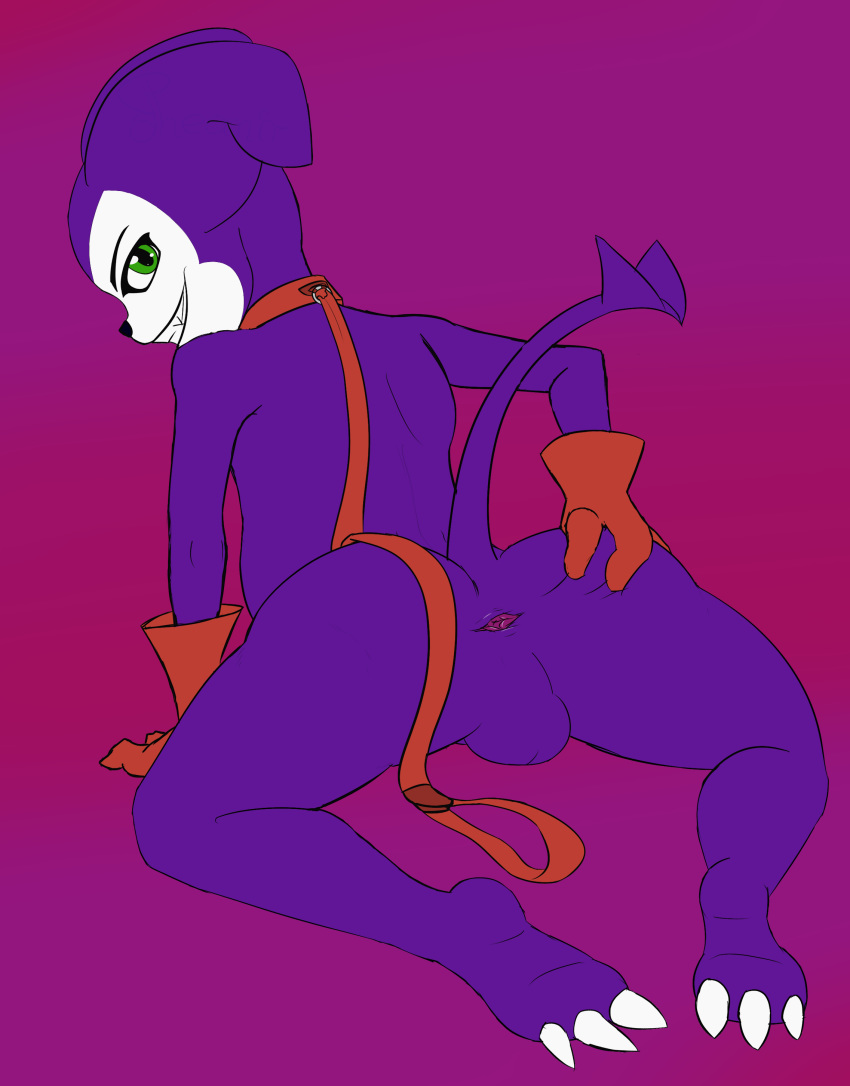 anus backsack balls butt butt_grab claws clothing colored_sketch digimon full_body gloves green_eyes grin hand_on_butt humanoid imp impmon invalid_tag kneeling leash looking_at_viewer looking_back male mostly_nude naked_collar not_furry penis perineum pheanir presenting presenting_anus purple_skin simple_background sketch slightly_chubby smile solo spread_anus spread_legs spreading toe_claws white_claws white_skin