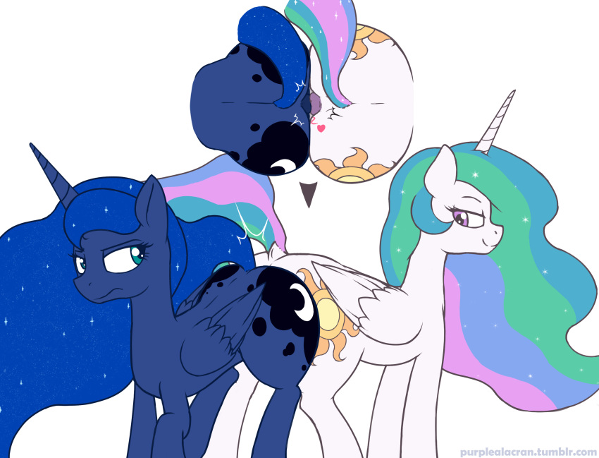 &lt;3 anus anus_frottage ass_to_ass butt butt_squish cutie_mark equine eye_contact female female/female friendship_is_magic high-angle_view horn horse incest lidded_eyes looking_back mammal my_little_pony pony princess_celestia_(mlp) princess_luna_(mlp) puffy_anus purplealacran size_difference smile winged_unicorn wings