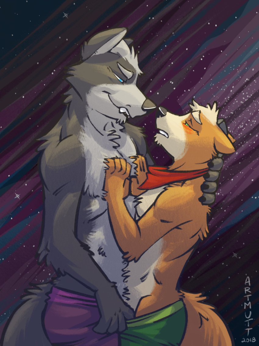 2018 anthro black_nose blue_eyes blush boxers_(clothing) brown_fur canine clothed clothing duo embrace eyebrows fox fox_mccloud fur green_eyes grey_fur hair half_naked hand_on_chest hi_res k-9 male male/male mammal nintendo scarf size_difference smile star_fox topless underwear undressing video_games white_fur wolf wolf_o'donnell