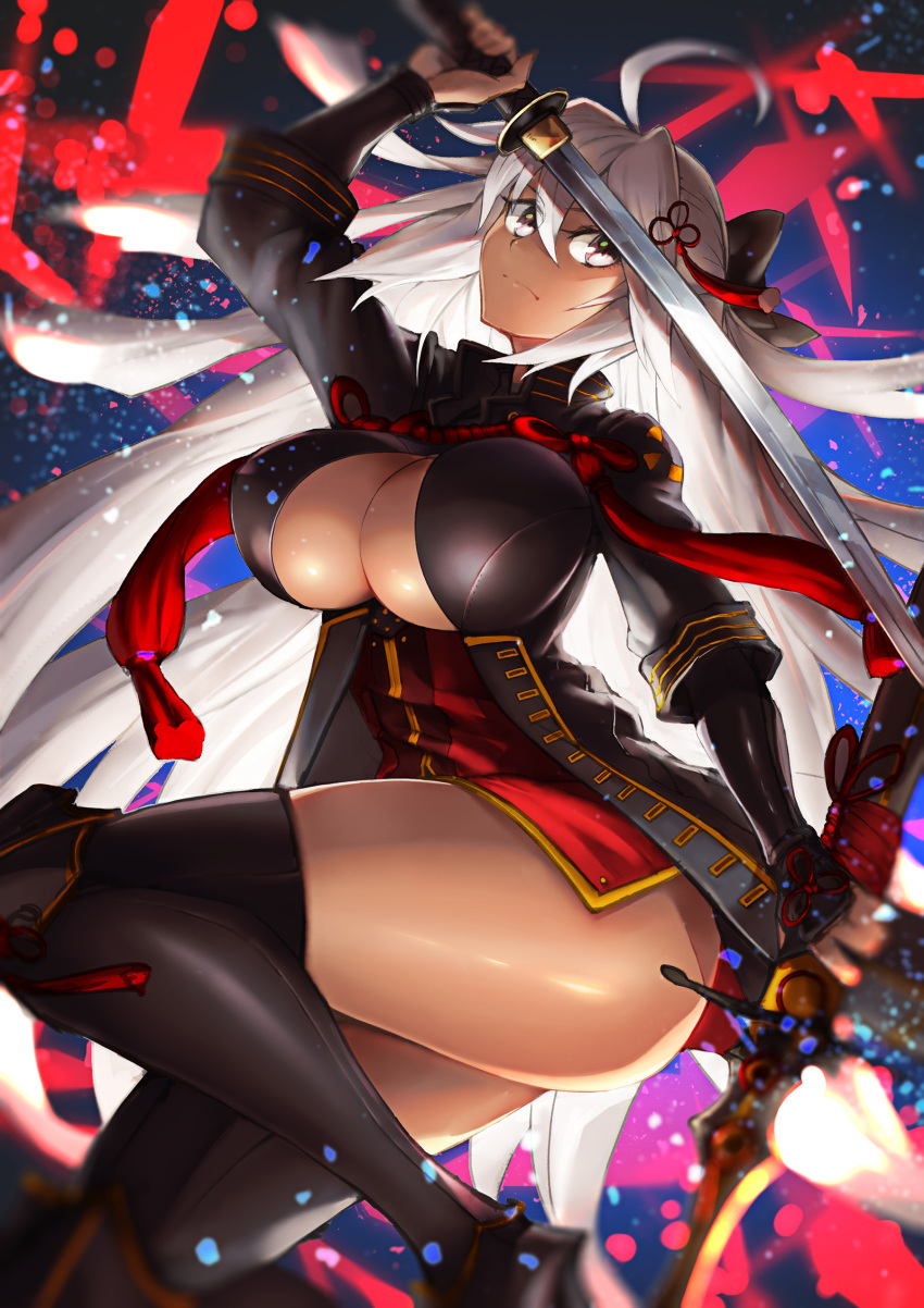 absurdres ahoge black_bow bow breasts cleavage commentary_request dark_skin fate/grand_order fate_(series) hair_between_eyes hair_bow hair_ornament high_collar highres large_breasts long_hair looking_at_viewer okita_souji_(alter)_(fate) okita_souji_(fate)_(all) solo srsojiro tassel thighhighs tied_hair very_long_hair white_hair yellow_eyes