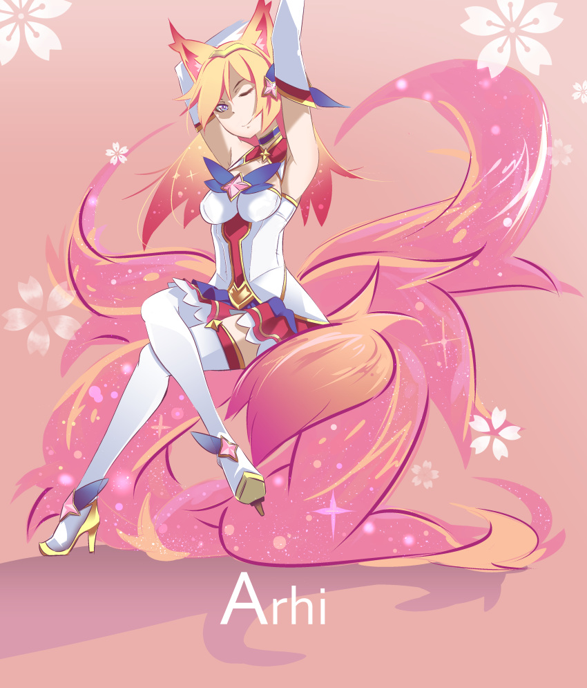 1girl ahri alternate_costume alternate_eye_color alternate_hair_color animal_ears boots breasts choker detached_sleeves fox_ears fox_tail hair_ornament hairband high_heel_boots high_heels league_of_legends legs long_hair long_legs magical_girl multiple_tails peach_hair skirt spread_legs star_guardian_ahri stiletto_heels tail thigh_boots thighhighs thighs white_legwear wink